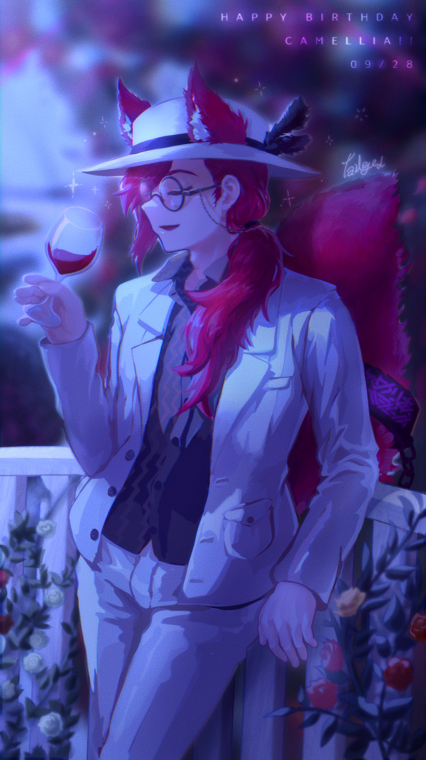 1boy, absurdres, alcohol, animal_ears, birthday, bishounen, camellia_(cametek), camellia_(musician)