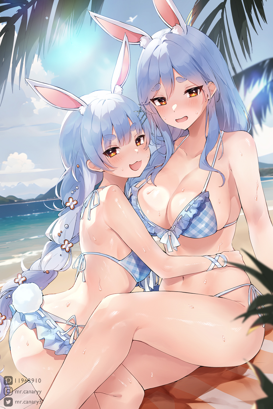 2girls, animal_ear_fluff, animal_ears, beach, bikini, blue_bikini, blue_hair, blue_sky