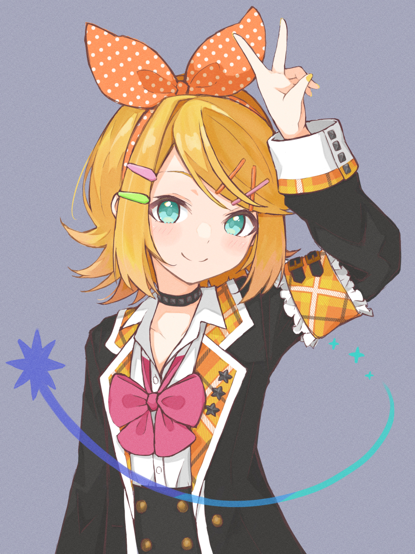 1girl, arm_up, armband, blonde_hair, blue_eyes, bow, bow_hairband, bowtie