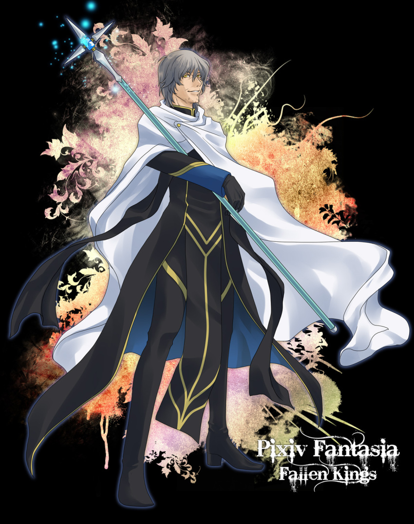 1boy, beard_stubble, black_footwear, black_gloves, cape, facial_hair, fujishiro_kanae, full_body