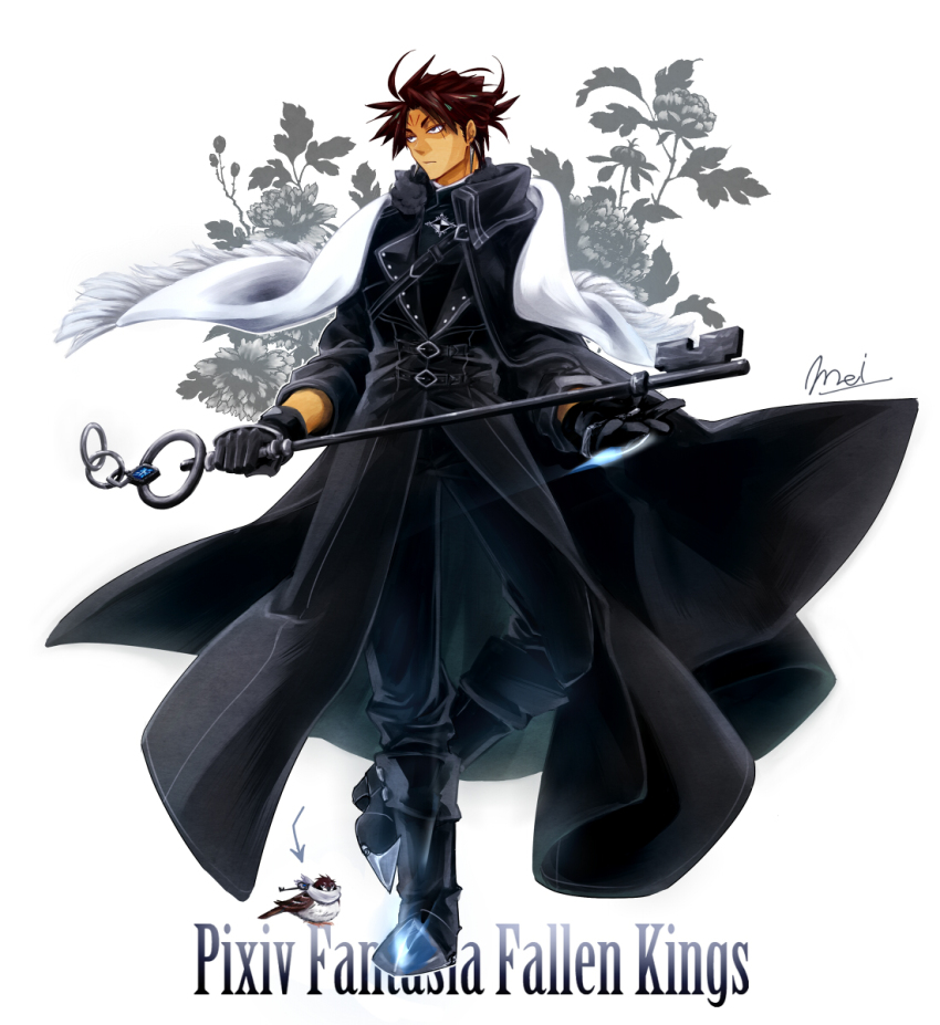 1boy, ahoge, bird, black_coat, black_footwear, black_gloves, black_pants, brown_hair, character_name, coat, copyright_name, facial_mark, forehead_mark, full_body, gloves, highres, holding, holding_key, key, male_focus, mei_(fallen_kings), pants, pixiv_fantasia, pixiv_fantasia_fallen_kings, scarf, short_hair, solo, standing, white_scarf, yel_(ffd9oo)