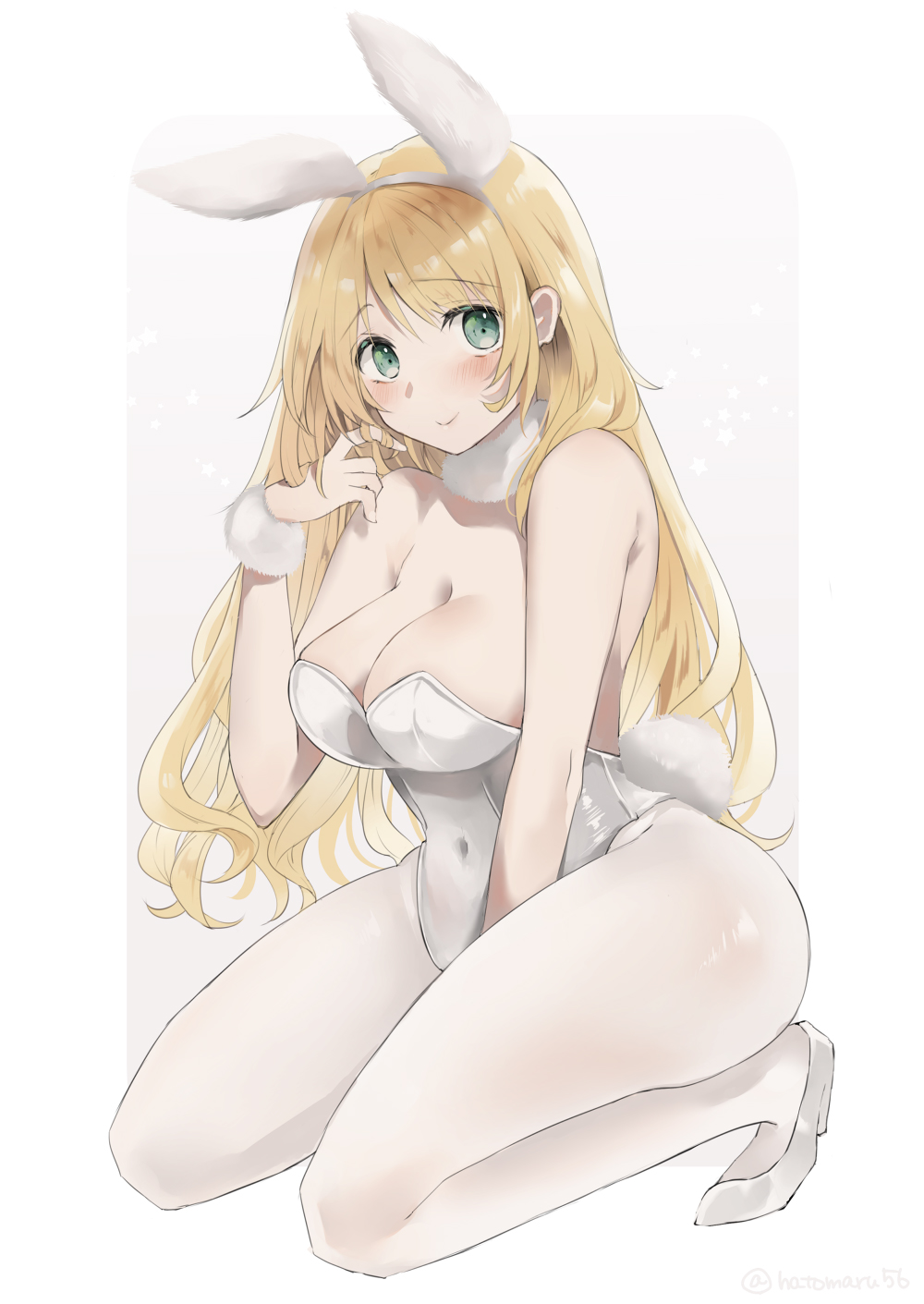 1girl, animal_ears, atago_(kancolle), blonde_hair, blush, breasts, covered_navel, detached_collar, fake_animal_ears, hatomaru_(hatomaru56), high_heels, highleg, highleg_leotard, highres, kantai_collection, kneeling, large_breasts, leotard, long_hair, looking_at_viewer, pantyhose, playboy_bunny, rabbit_ears, rabbit_tail, smile, solo, strapless, strapless_leotard, tail, white_footwear, white_leotard, white_pantyhose