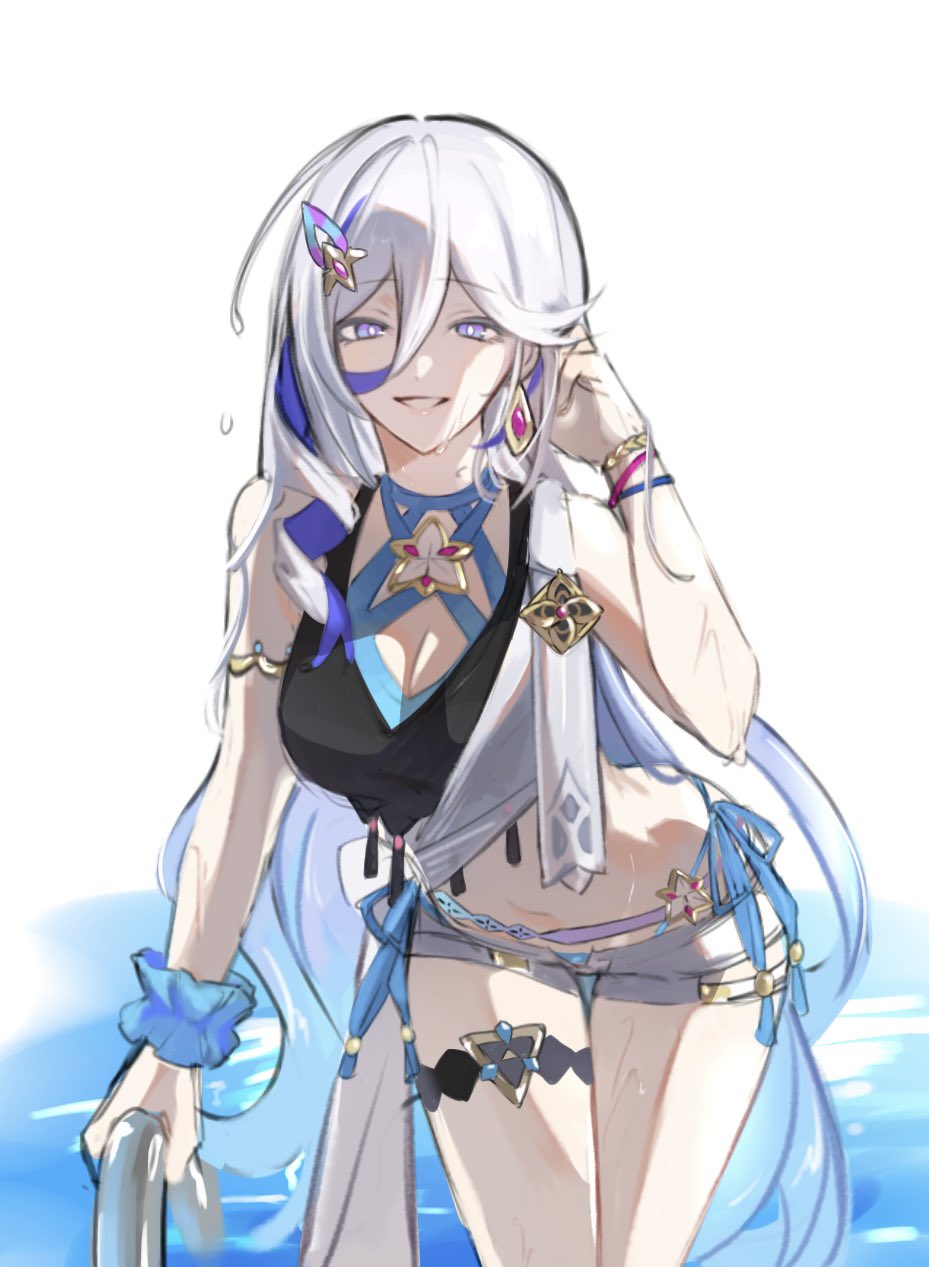 1girl, bare_shoulders, breasts, cleavage, cowboy_shot, earrings, grey_shorts, hair_ornament