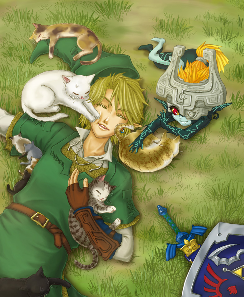 1boy, 1girl, blonde_hair, cat, earrings, fang, hat, helmet, hiroka_m, hylian_shield, jewelry, link, lying, midna, nintendo, pointy_ears, red_eyes, shield, sleeping, sword, the_legend_of_zelda, the_legend_of_zelda:_twilight_princess, too_many, too_many_cats, weapon