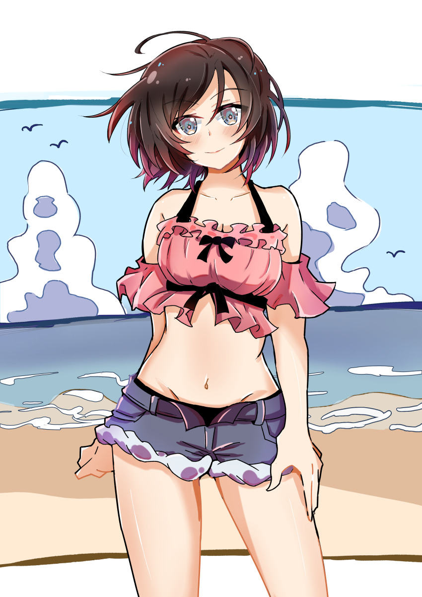 1girl, absurdres, arm_behind_back, bakuma, bare_shoulders, beach, blue_sky, blush, breasts, brown_hair, cleavage, closed_mouth, collarbone, colored_tips, commentary, cowboy_shot, crop_top, denim, denim_shorts, grey_eyes, hair_between_eyes, hand_on_own_thigh, highres, looking_at_viewer, medium_breasts, medium_hair, messy_hair, micro_shorts, multicolored_hair, navel, ocean, pink_shirt, purple_hair, ruby_rose, rwby, shirt, shorts, sky, smile, solo, standing, stomach
