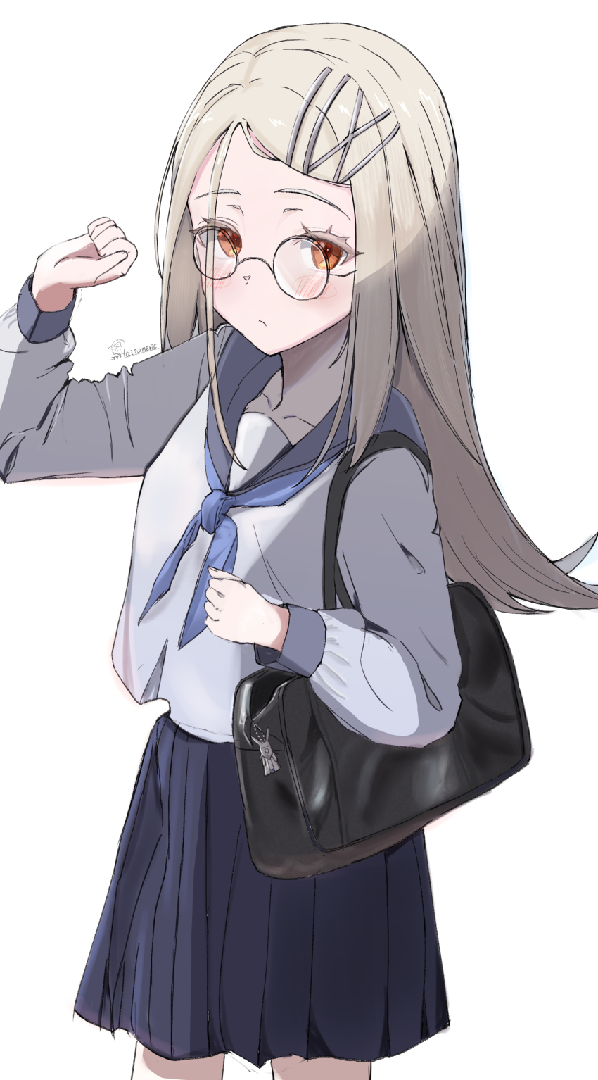 1girl, absurdres, aiturmeric, bag, bespectacled, black_bag, blue_sailor_collar, blue_skirt, closed_mouth, collarbone, colored_eyelashes, cowboy_shot, flipped_hair, gakuen_idolmaster, glasses, hair_ornament, hairclip, hand_up, highres, idolmaster, light_blush, light_brown_hair, long_hair, long_sleeves, looking_at_viewer, orange_eyes, sailor_collar, school_uniform, serafuku, shinosawa_hiro, shoulder_bag, skirt, thick_eyelashes, white_background