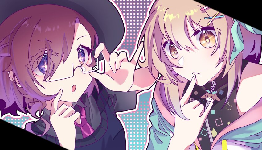 1boy, 1girl, androgynous, black_hat, brown_eyes, camellia_(cametek), camellia_(musician), commentary, crossdressing, crossdressing_(ftm), crossdressing_(mtf), english_commentary, genderswap, genderswap_(ftm), genderswap_(mtf), glasses, hair_ornament, hair_ribbon, hairclip, hat, highres, indie_utaite, kyaretto, light_brown_hair, nanahira, purple_eyes, real_life, red_hair, ribbon, short_hair, textless_version, trap, utaite