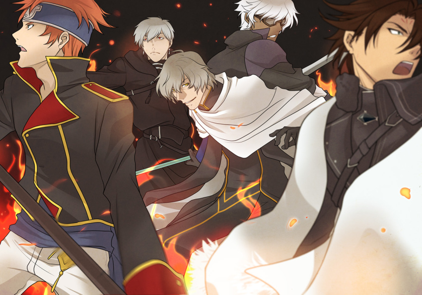 5boys, :o, black_gloves, black_jacket, brown_eyes, cape, clenched_teeth, dark-skinned_male