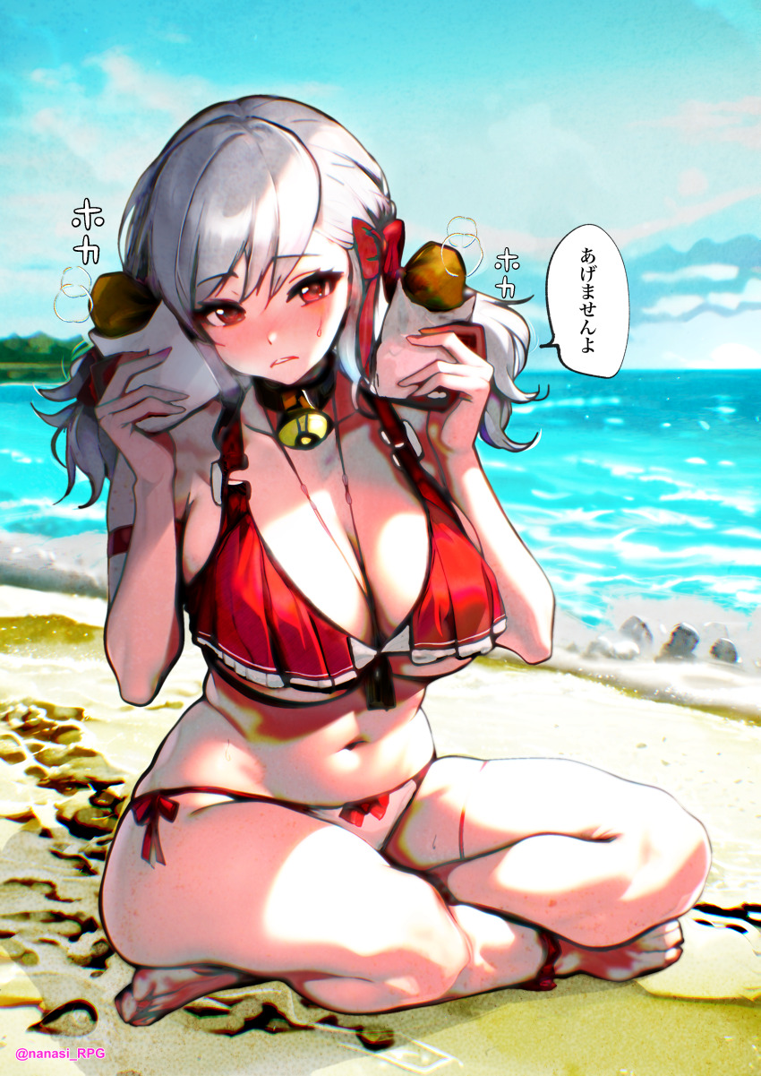 1girl, absurdres, barefoot, beach, bell, bikini, blue_sky, bow