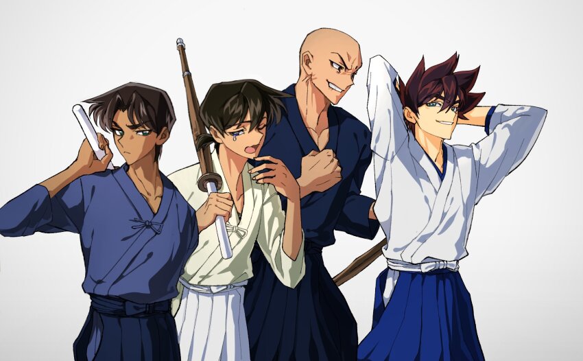 4boys, bald, black_hair, black_hakama, blue_eyes, blue_hakama, brown_hair, dark-skinned_male