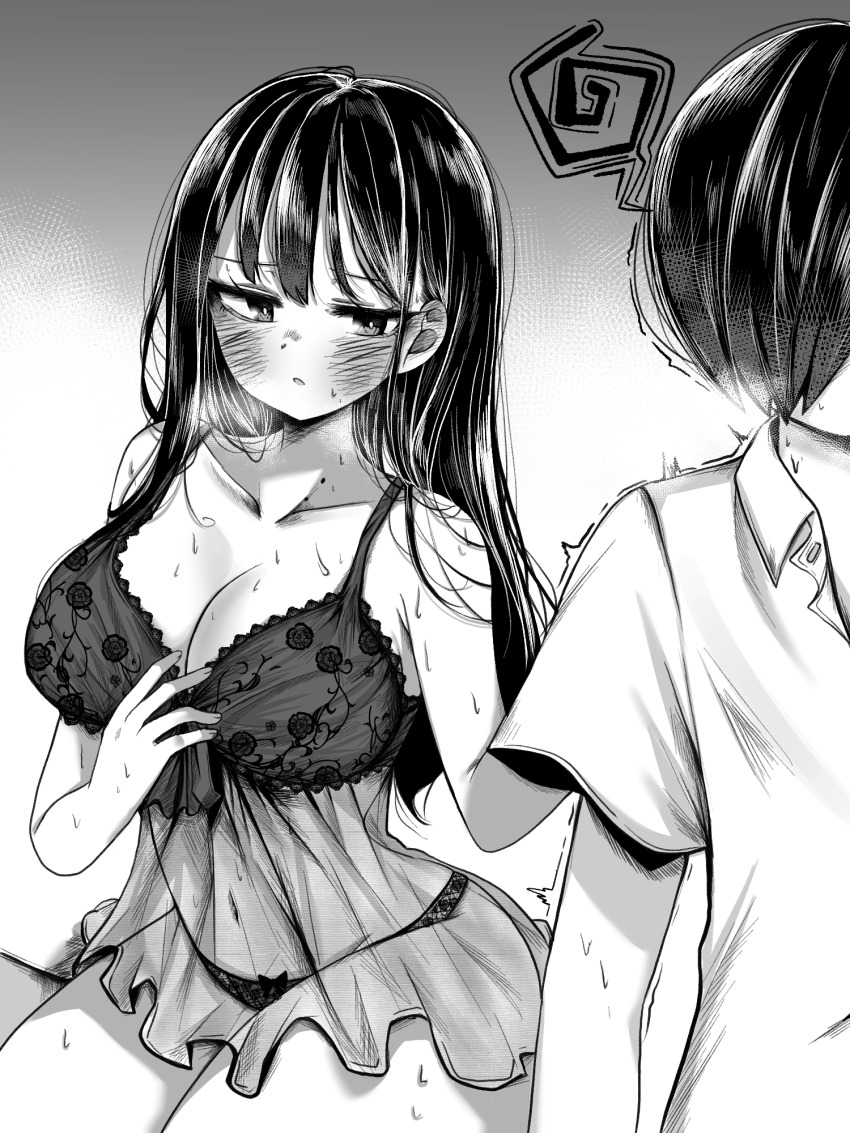 1boy, 1girl, ao_tanuki, bare_shoulders, blush, boku_no_kokoro_no_yabai_yatsu, breasts, cleavage, closed_mouth, collarbone, collared_shirt, faceless, faceless_male, greyscale, highres, ichikawa_kyoutarou, lace, lace_panties, large_breasts, lingerie, long_hair, mole, mole_on_neck, monochrome, multiple_moles, navel, negligee, panties, shirt, short_hair, sitting, trembling, underwear, underwear_only, wide_hips, yamada_anna