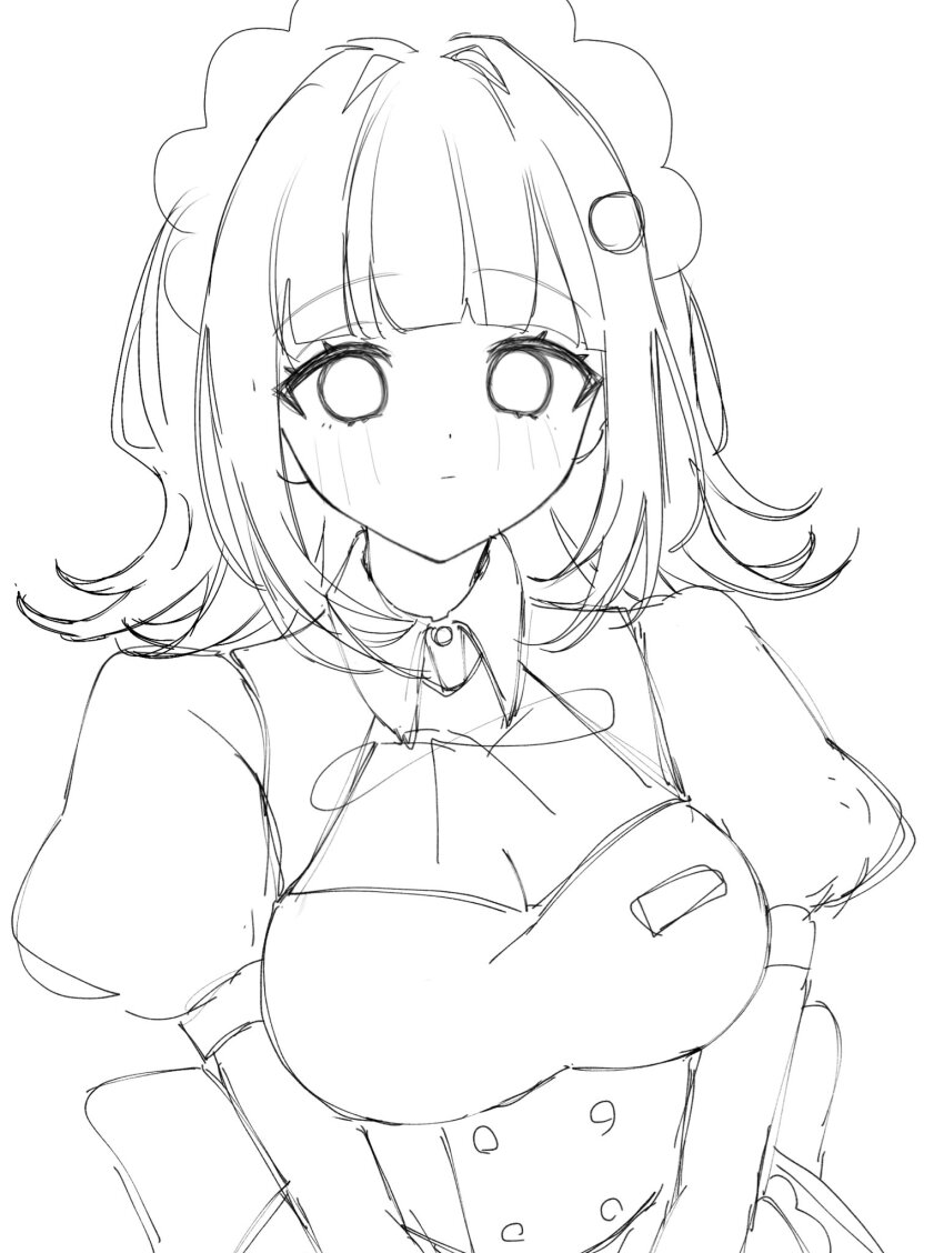 1girl, alternate_costume, alternate_hair_ornament, blush, breasts, buttons, circle_hair_ornament, cleavage