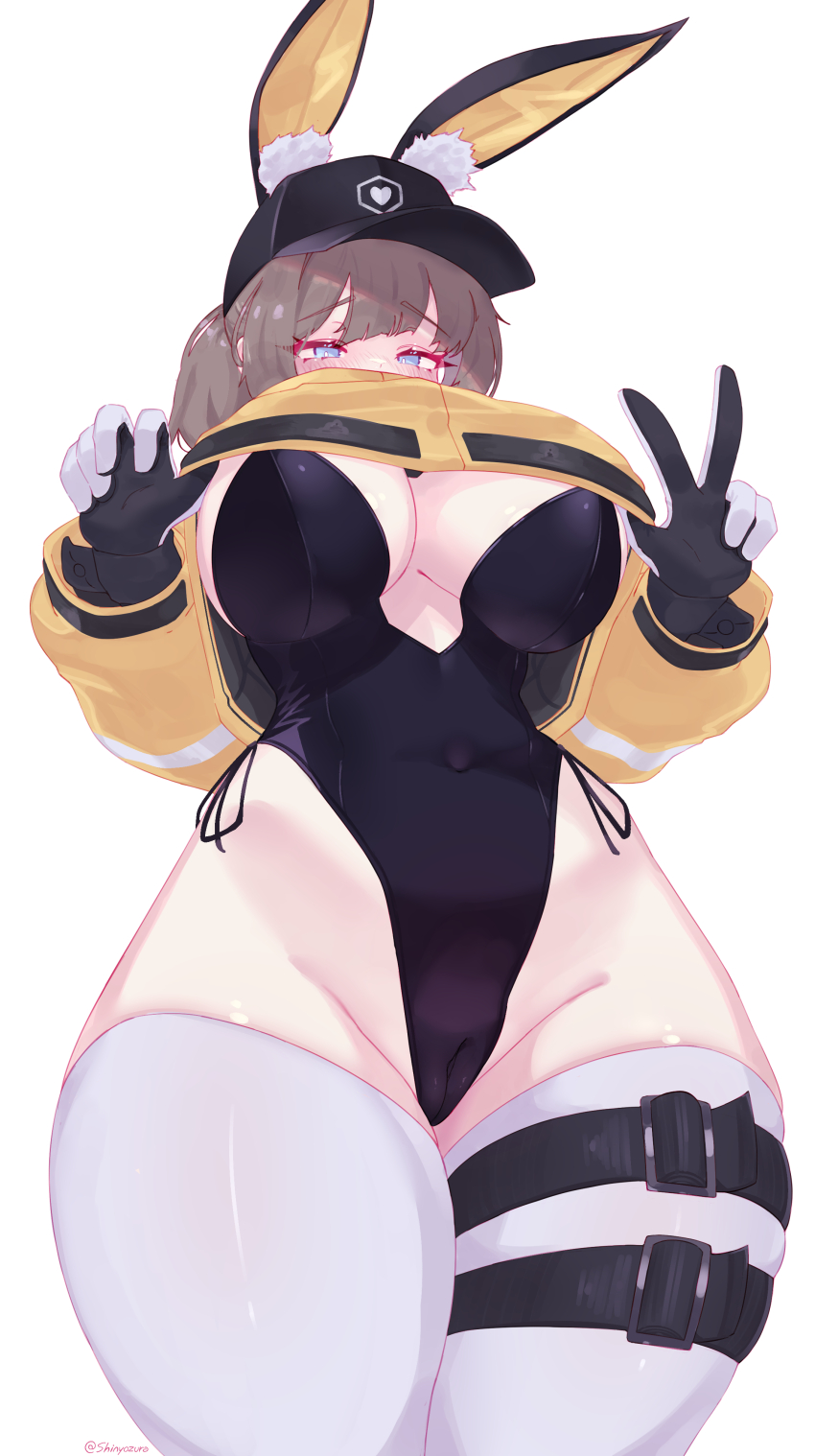 1girl, absurdres, animal_ears, baseball_cap, black_gloves, black_leotard, blue_eyes, blush