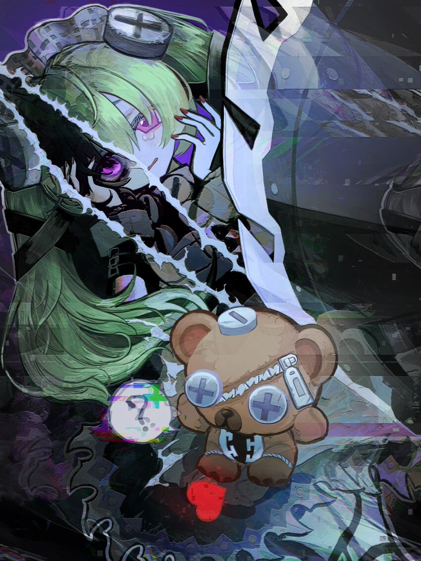 1girl, ?, absurdres, black_hair, circular_saw, commentary, corin_wickes, crying, crying_with_eyes_open, glitch, green_hair, hands_up, heart, highres, long_hair, looking_at_viewer, maid_headdress, open_mouth, pink_eyes, red_nails, samejima_nurie, saw, solo, split_theme, spoken_question_mark, stuffed_animal, stuffed_toy, untranslatable_commentary, tears, teddy_bear, twintails, upper_body, wrist_belt, zenless_zone_zero