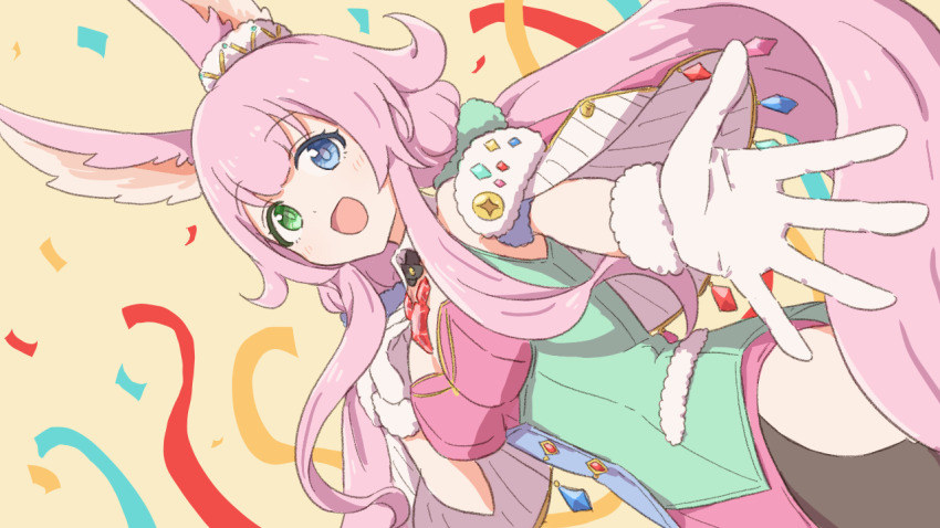 1girl, :d, animal_ears, blue_eyes, breasts, capelet, cleavage, clothing_cutout