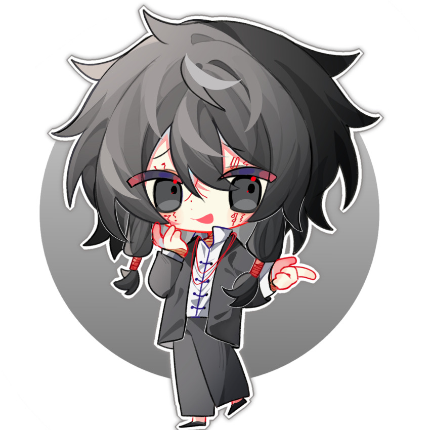 1boy, black_eyes, black_hair, black_jacket, black_pants, chibi, chibi_only, chinese_commentary