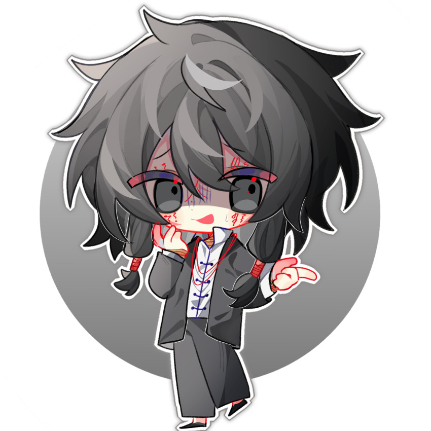 1boy, black_eyes, black_hair, black_jacket, black_pants, chibi, chibi_only, chinese_commentary