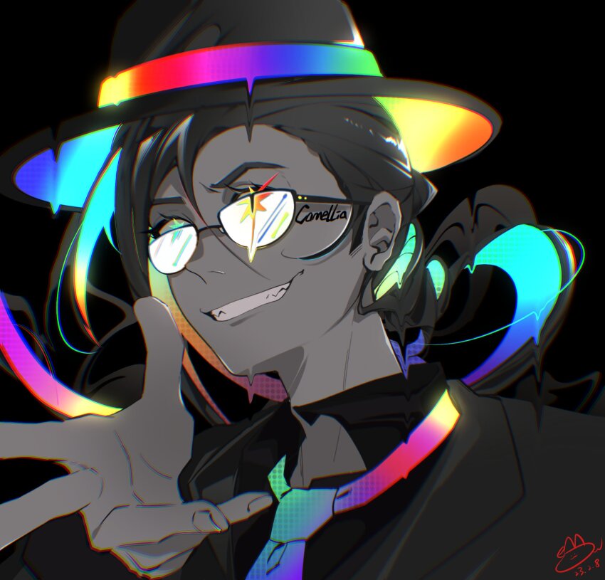 1boy, 826nyanchan, black_background, camellia_(cametek), camellia_(musician), colorful, commentary_request, glasses
