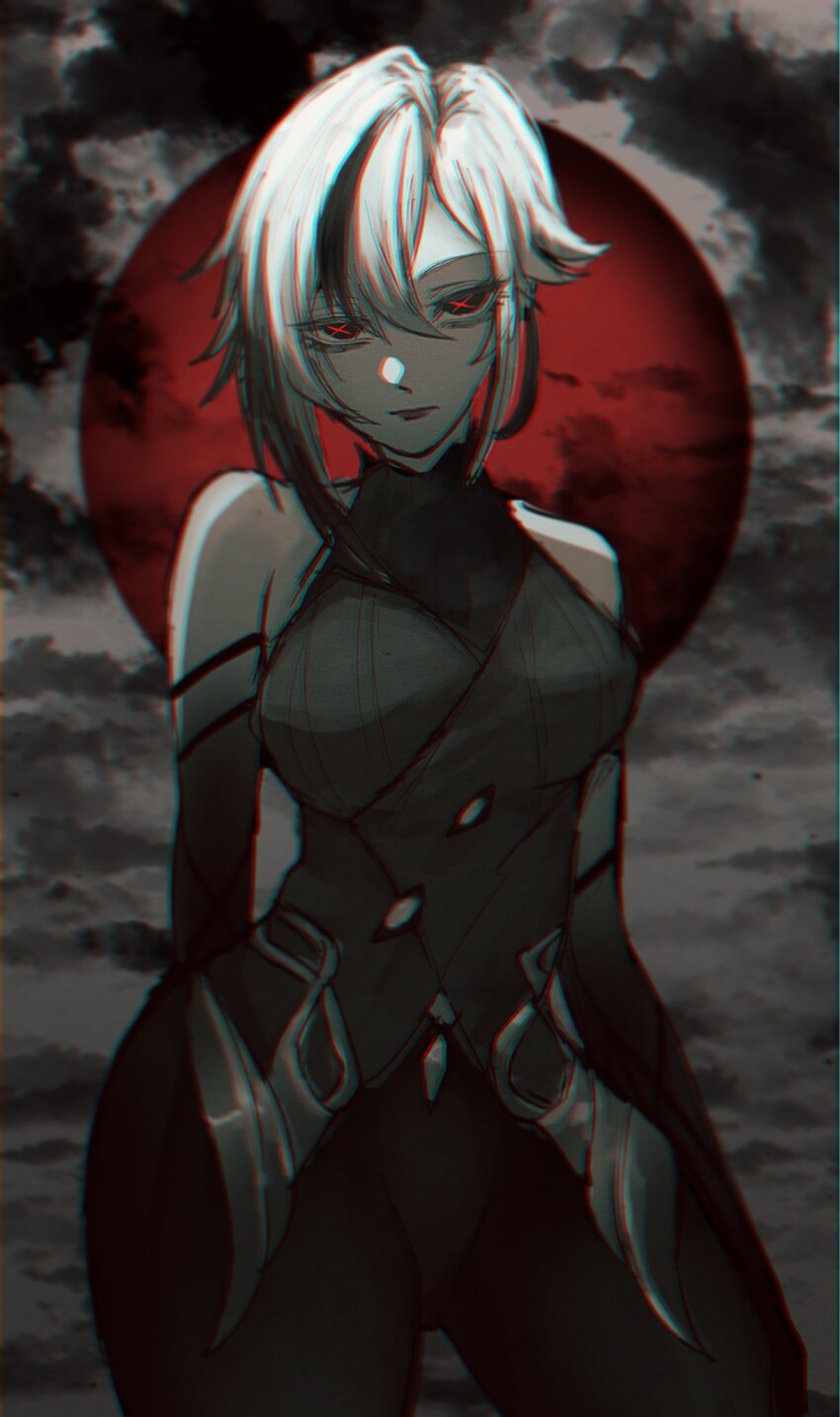 1girl, arlecchino_(genshin_impact), black_eyes, black_pantyhose, black_shirt, chromatic_aberration, closed_mouth, cowboy_shot, genshin_impact, hair_between_eyes, highres, looking_at_viewer, multicolored_hair, pantyhose, red_pupils, shirt, short_hair, sleeveless, sleeveless_shirt, solo, streaked_hair, symbol-shaped_pupils, tayuta_(tayuta_fa), x-shaped_pupils