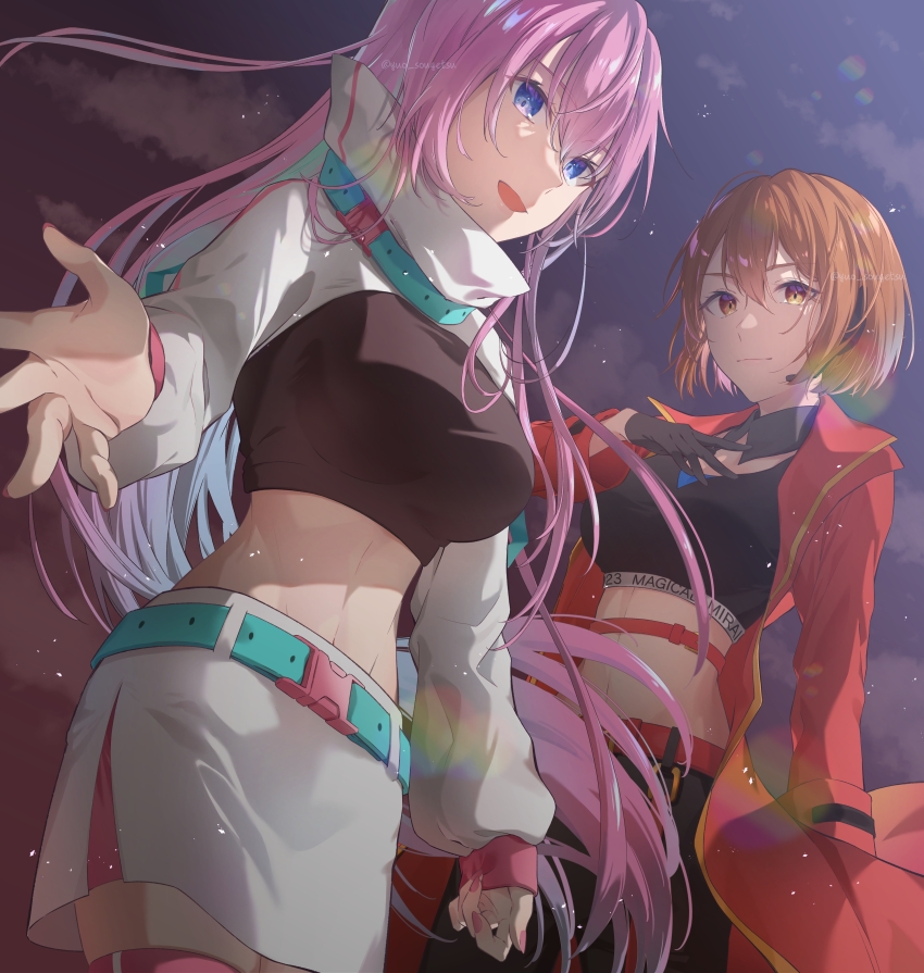 2girls, absurdres, black_gloves, blue_eyes, breasts, brown_eyes, brown_hair, cloud