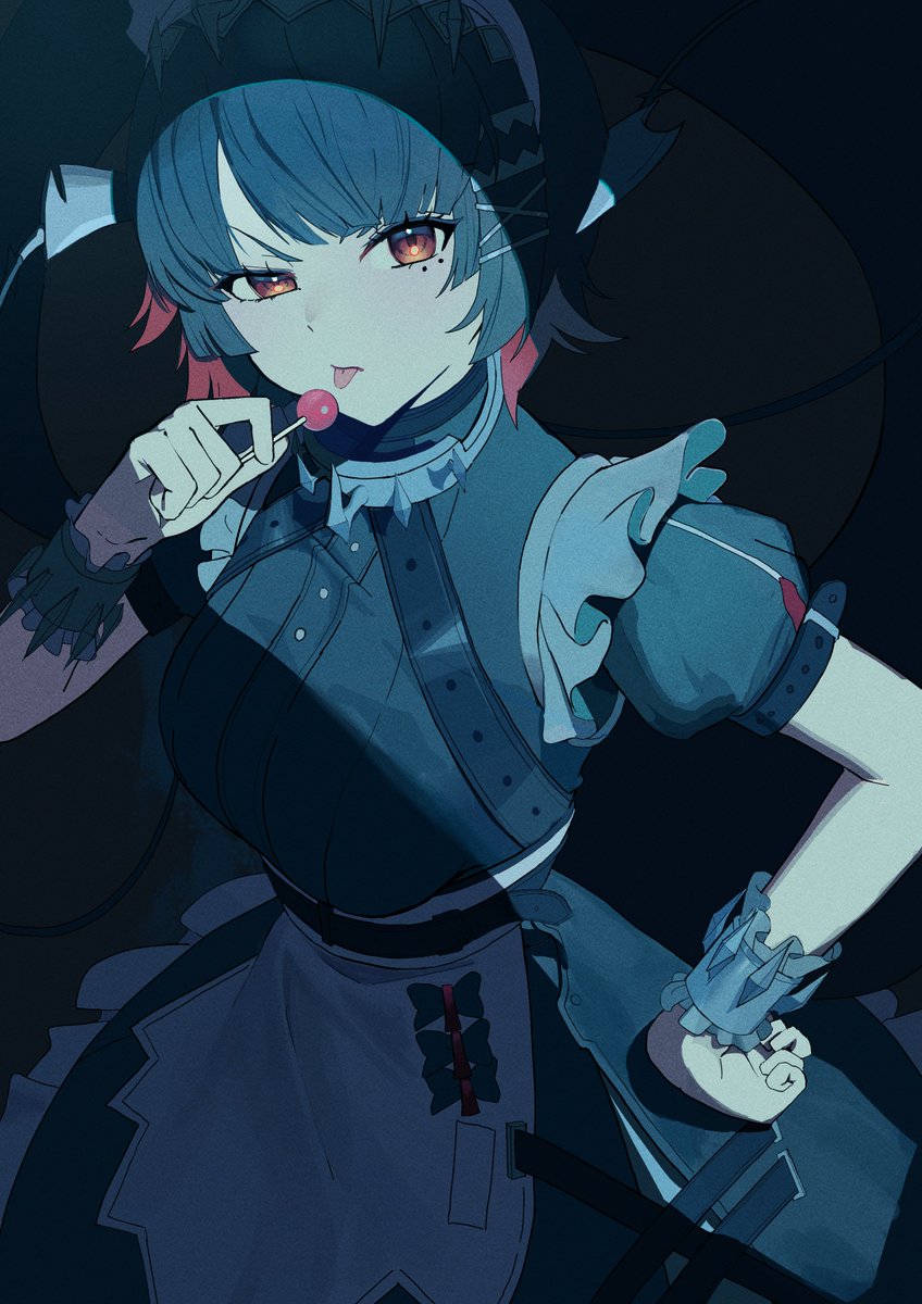 1girl, ashamutoki, black_hair, candy, colored_inner_hair, cowboy_shot, ellen_joe, food