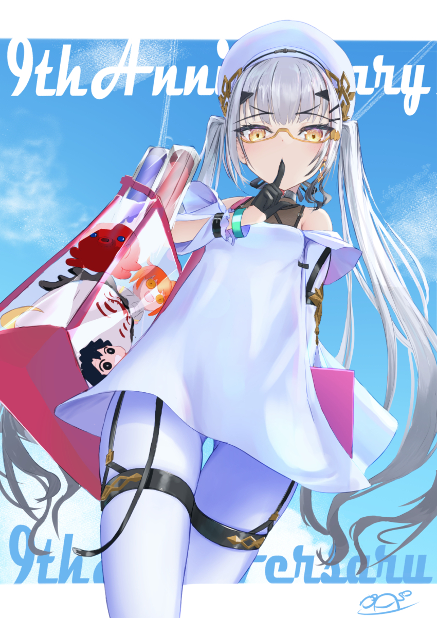 1girl, asobeco, bare_shoulders, beret, black_gloves, blue_sky, breasts, character_doll