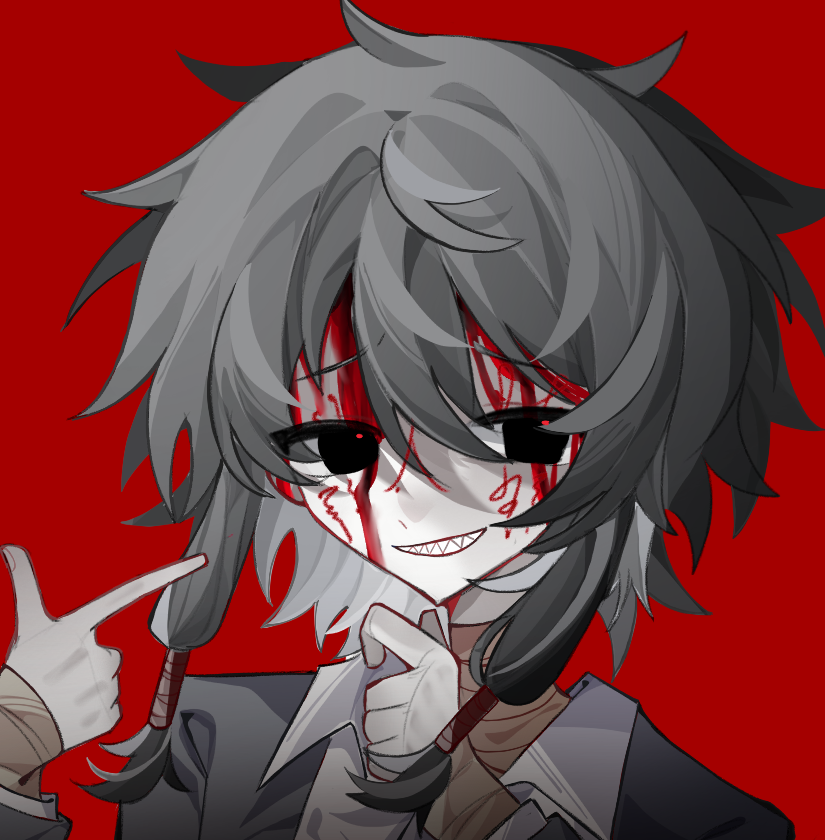 1boy, bandaged_arm, bandaged_neck, bandages, black_eyes, black_hair, black_jacket, blood_from_forehead