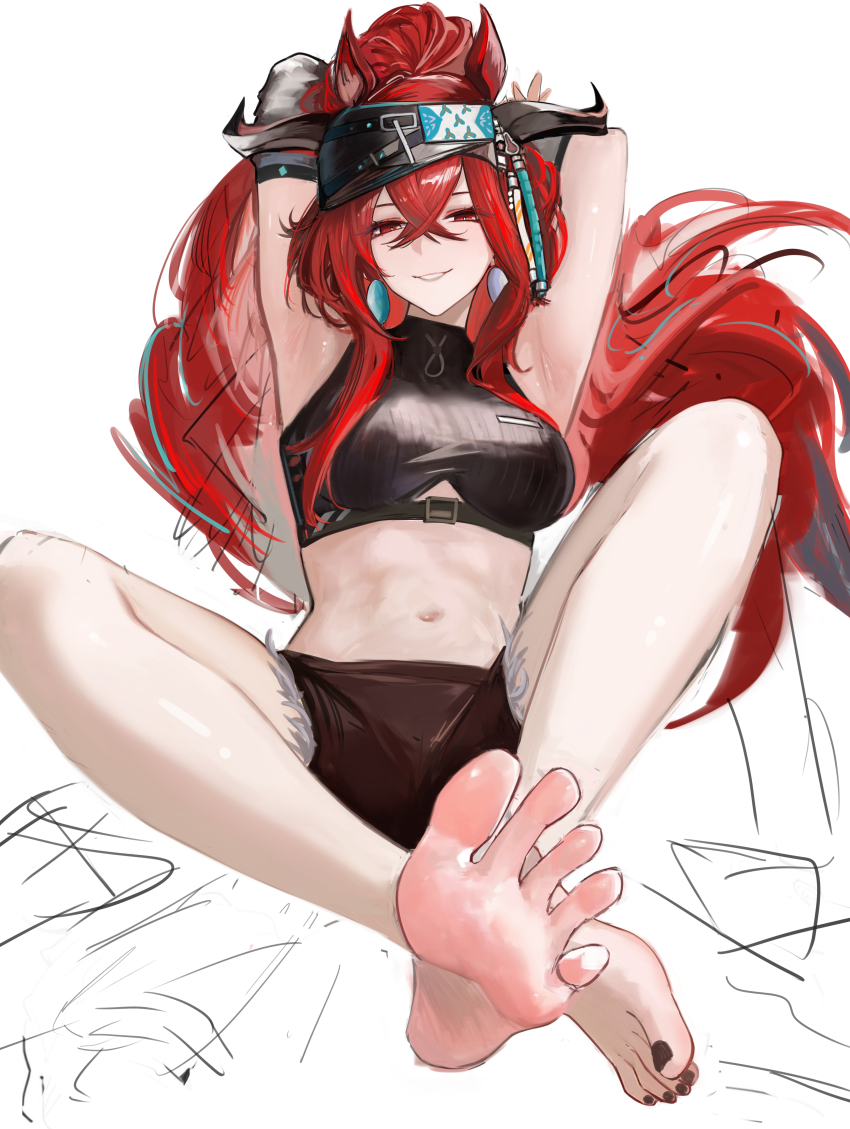 1girl, absurdres, animal_ears, arknights, barefoot, feet, highres, long_hair, looking_at_viewer, narantuya_(arknights), parted_lips, red_eyes, red_hair, soles, spread_toes, suiryuu_(18559651), toes