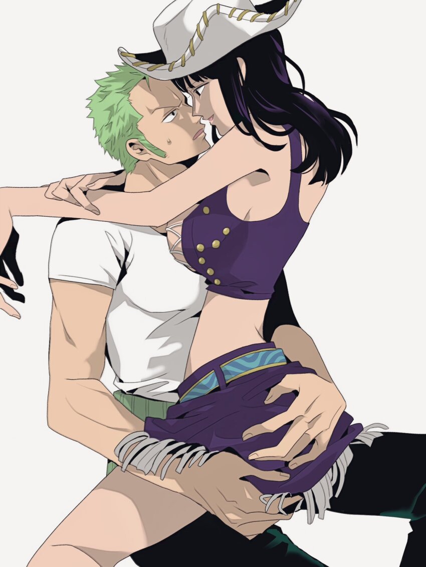 1boy, 1girl, black_eyes, black_hair, black_pants, blunt_bangs, commentary_request, cowboy_hat, crop_top, cross-laced_clothes, cross-laced_top, facing_another, green_hair, haramaki, hat, highres, hug, light_smile, looking_at_another, may_snmk, medium_hair, midriff, miniskirt, narrow_waist, nico_robin, nico_robin_(alabasta), one_piece, pants, profile, purple_shirt, purple_skirt, roronoa_zoro, shirt, short_hair, sideburns, sidelocks, simple_background, sitting, sitting_on_lap, sitting_on_person, skirt, sweat, sweatdrop, t-shirt, white_background, white_hat, white_shirt