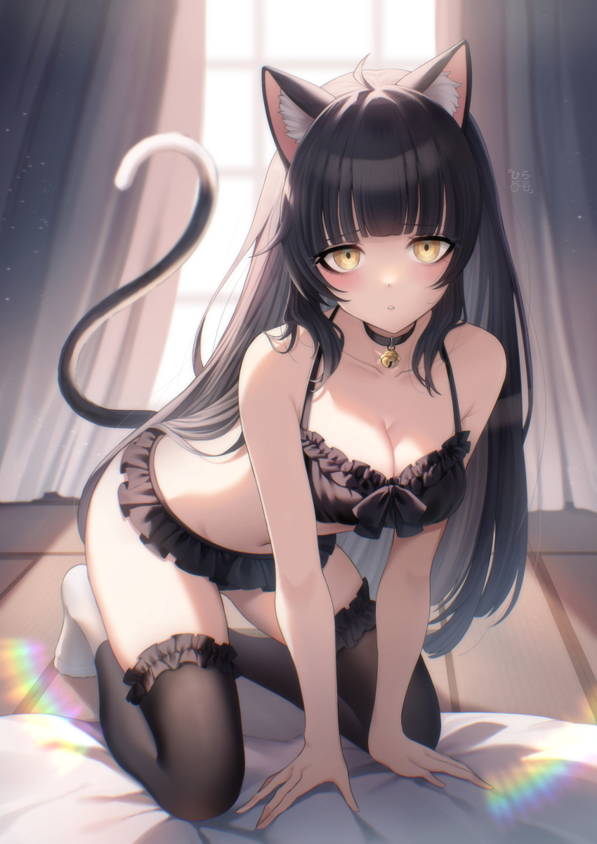 1girl, absurdres, all_fours, animal_ears, black_bra, black_hair, black_panties, black_thighhighs, bra, breasts, cat_ears, cat_girl, cat_tail, collar, curtains, frilled_bra, frilled_panties, frilled_thighhighs, frills, full_body, highres, hira_icigocha, large_breasts, long_hair, looking_at_viewer, multicolored_thighhighs, original, panties, tail, thighhighs, two-tone_thighhighs, underwear, window, yellow_eyes