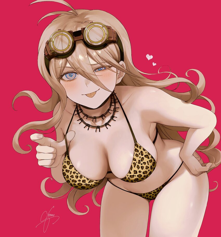 1girl, :p, alternate_costume, antenna_hair, barbed_wire, bare_arms, bare_shoulders, bent_over, bikini, blush, breasts, brown_bikini, cleavage, collarbone, cowboy_shot, danganronpa_(series), danganronpa_v3:_killing_harmony, goggles, goggles_on_head, hair_between_eyes, highres, iruma_miu, large_breasts, leopard_print, leopard_print_bikini, long_hair, pink_eyes, print_bikini, red_background, shiny_skin, shiromo_ooo, signature, simple_background, solo, swimsuit, tongue, tongue_out