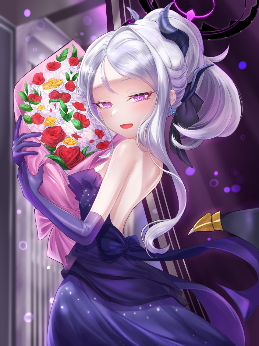 1girl, :d, absurdres, backless_dress, backless_outfit, bare_back, bare_shoulders, blue_archive