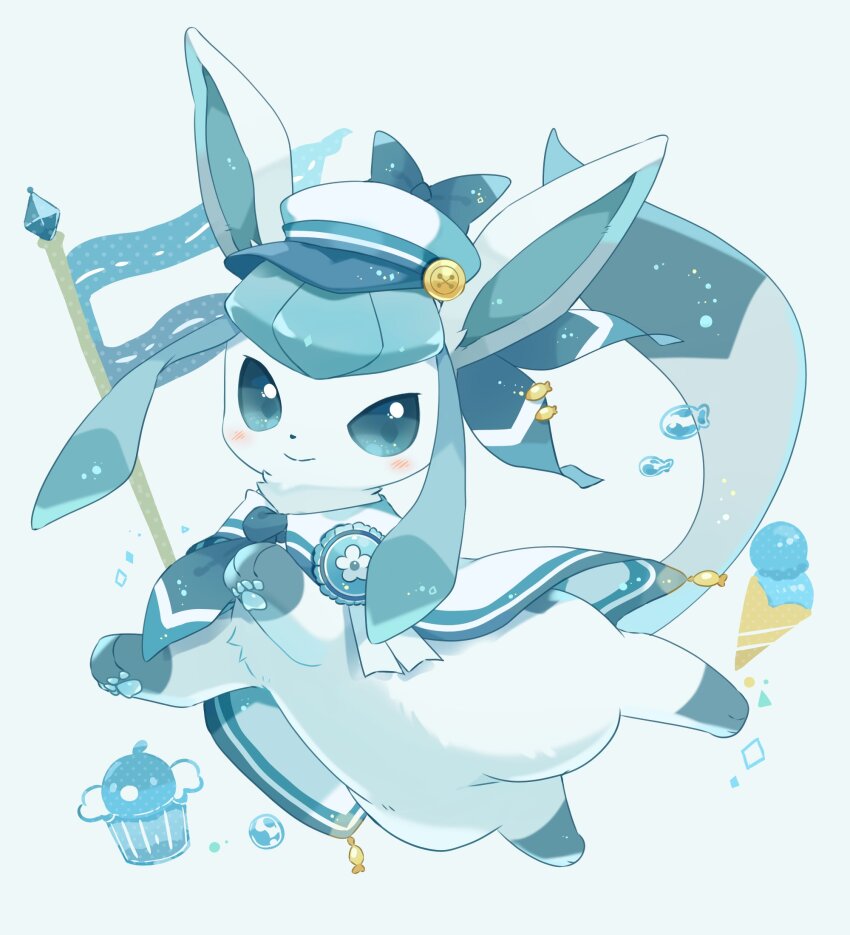 animal, animal_focus, blue_hair, blush, closed_mouth, flag, food, gen_4_pokemon