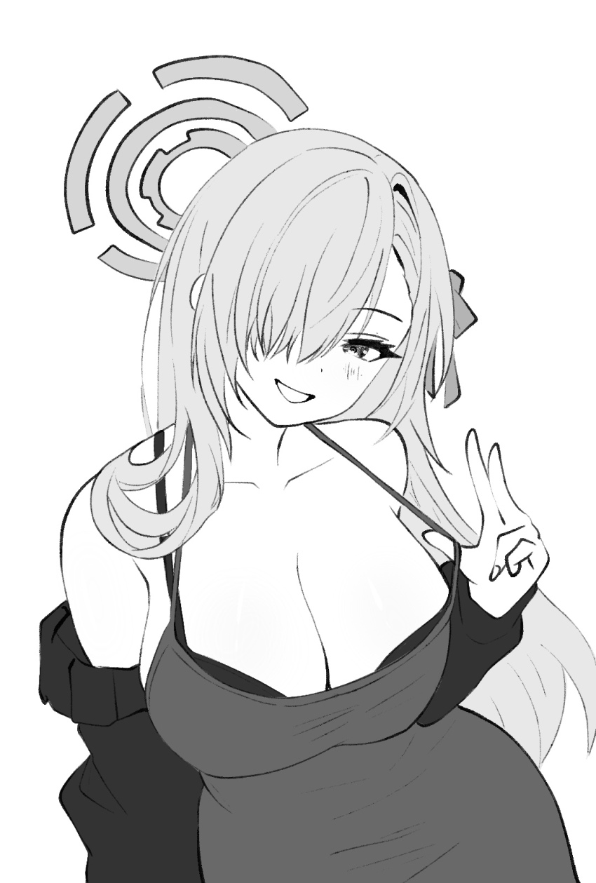 1girl, asuna_(blue_archive), bare_shoulders, blue_archive, breasts, cleavage, commentary, dongtan_dress, dress, greyscale, grin, hair_over_one_eye, halo, highres, jacket, large_breasts, lineart, long_hair, long_sleeves, looking_at_viewer, monochrome, off_shoulder, one_eye_covered, rushin_(losing19831206), simple_background, sketch, smile, solo, spaghetti_strap, w, white_background