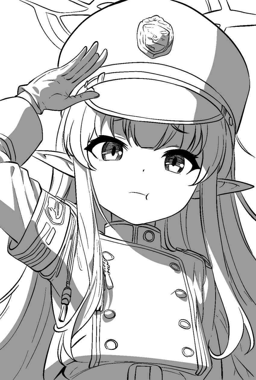 1girl, arm_up, armband, blue_archive, chinese_commentary, closed_mouth, commentary_request, gloves, greyscale, halo, hat, highres, hikari_(blue_archive), jacket, lineart, long_hair, long_sleeves, looking_at_viewer, mixed-language_commentary, monochrome, partial_commentary, peaked_cap, pointy_ears, pout, rushin_(losing19831206), salute, sidelocks, simple_background, solo, upper_body, white_background