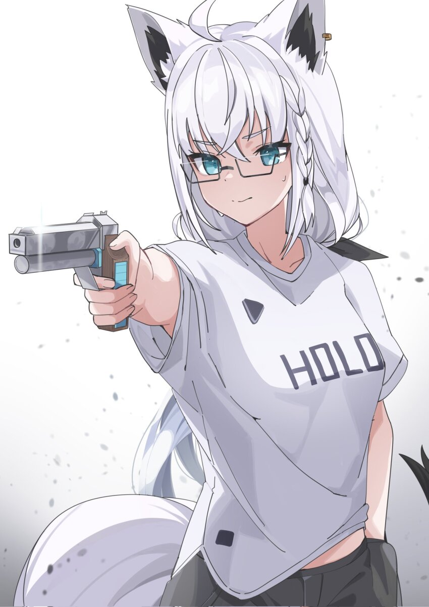 1girl, 2024_summer_olympics, ahoge, aiming, angeldu, animal_ear_fluff, animal_ears, black-framed_eyewear