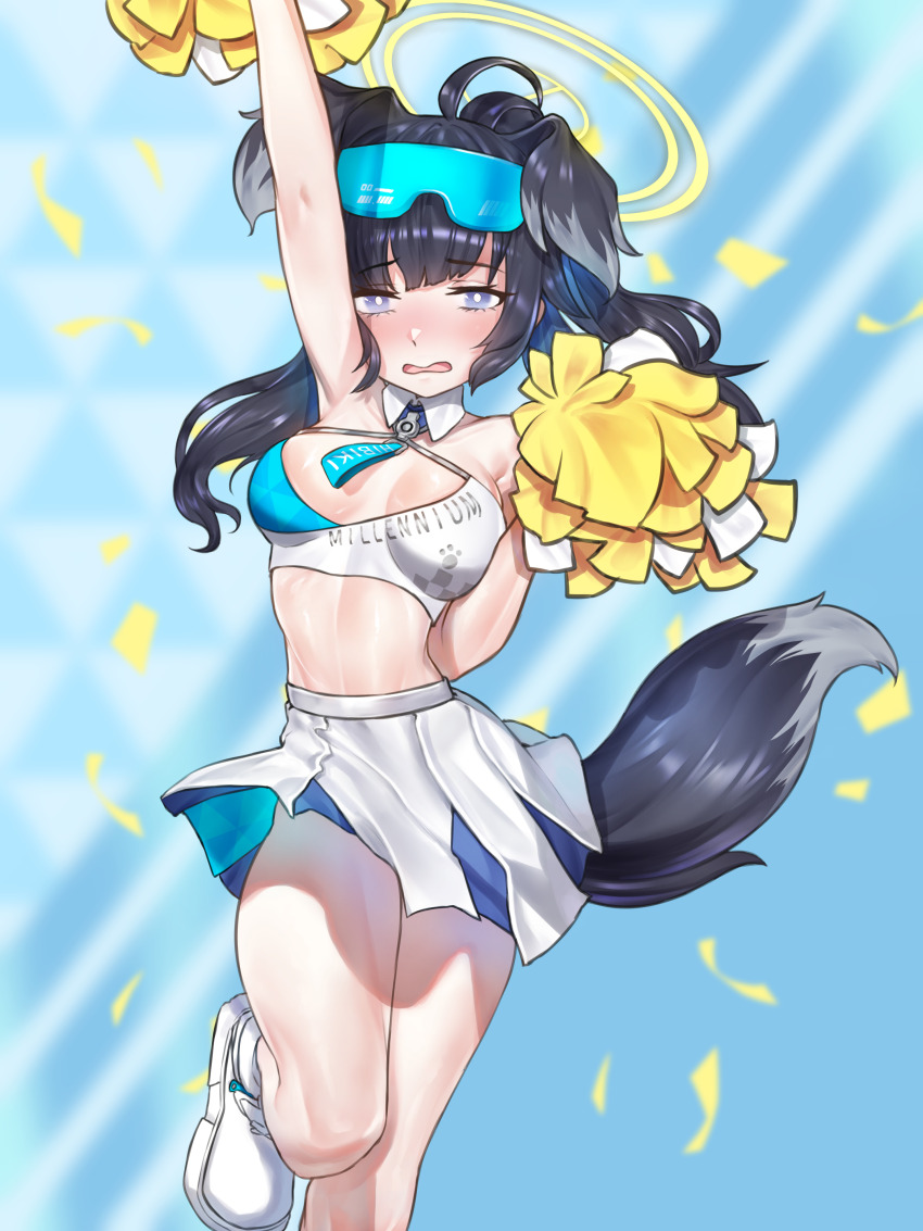 1girl, absurdres, animal_ears, arm_up, armpits, black_hair, blue_archive, blue_sky