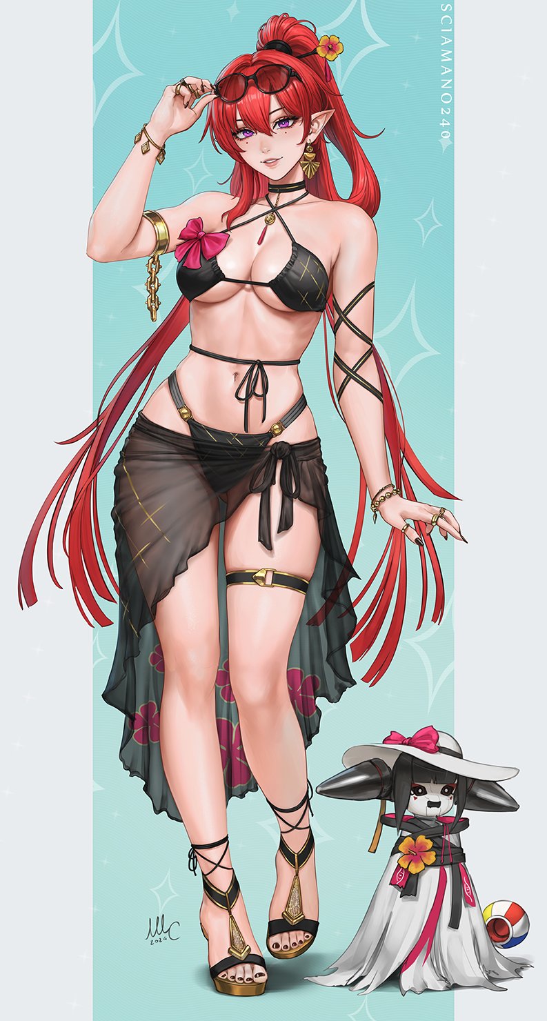 1girl, artist_name, bikini, black_nails, bow, bracelet, breasts, circle_facial_mark, ear_piercing, earrings, elf, facial_mark, hat, high_ponytail, highres, jewelry, large_breasts, long_hair, piercing, pointy_ears, ponytail, purple_eyes, red_hair, robot, sciamano240, signature, skirt, sunglasses, swimsuit, very_long_hair, wuthering_waves, yinlin_(wuthering_waves), zapstring_(wuthering_waves)