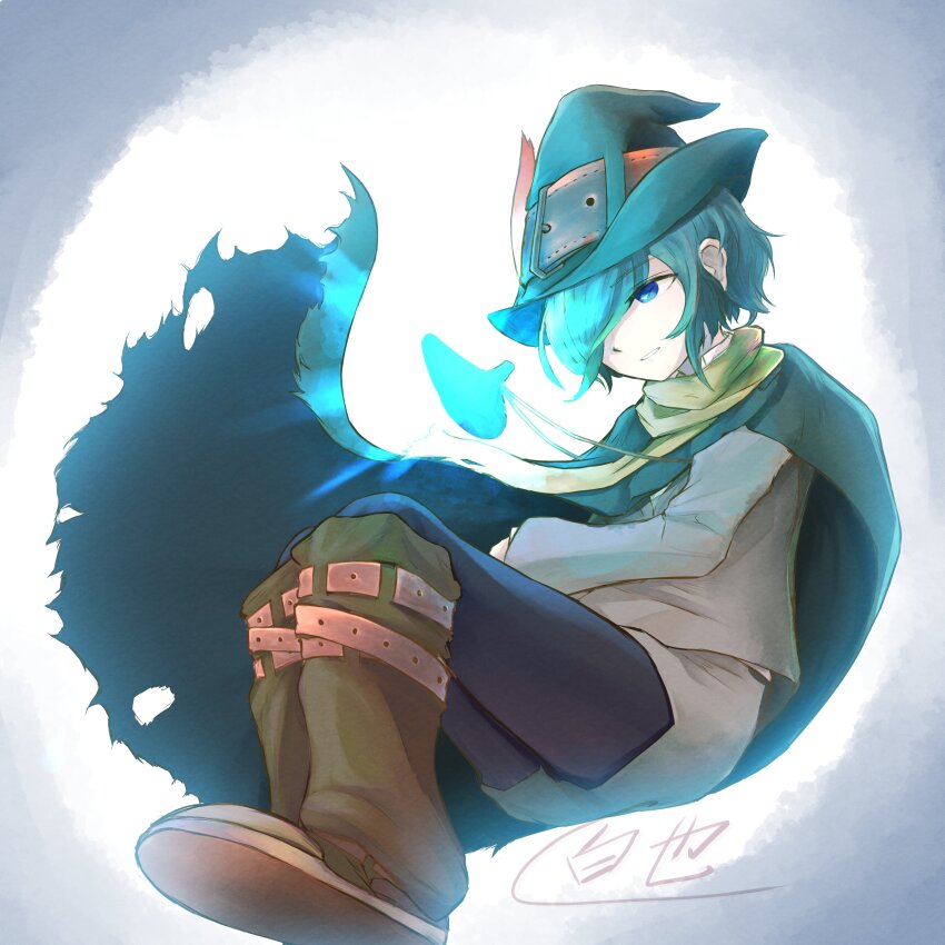 100nal1noken, 1girl, absurdres, aqua_hair, blazer, blue_eyes, cape, glowing, glowing_instrument, green_cape, green_hat, grey_jacket, grey_shorts, hat, hat_belt, hat_feather, highres, instrument, jacket, kimi_no_koto_ga_dai_dai_dai_dai_daisuki_na_100-nin_no_kanojo, leg_warmers, leggings_under_shorts, nakaji_uto, ocarina, parted_lips, scarf, shoe_soles, short_hair, shorts, signature, sitting, solo, torn_cape, torn_clothes, yellow_scarf