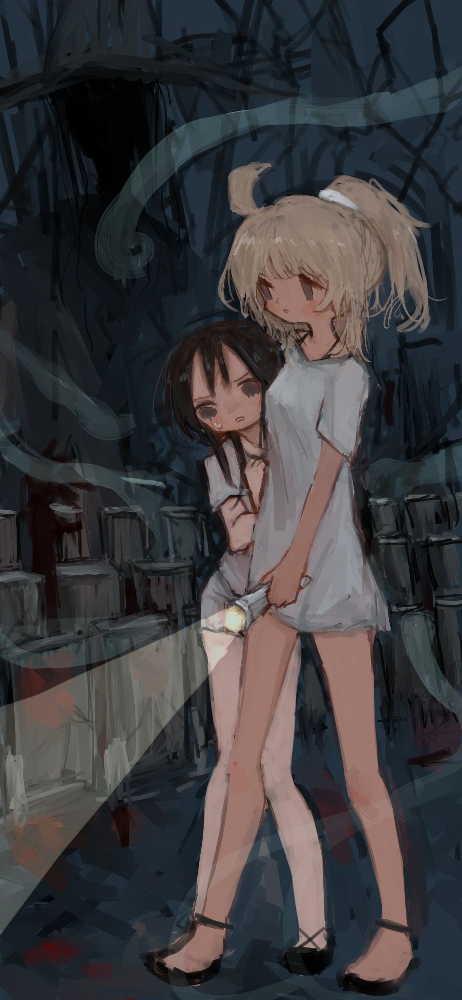 2girls, ahoge, alternate_costume, black_eyes, black_footwear, blonde_hair, breasts, chito_(shoujo_shuumatsu_ryokou), flashlight, full_body, ghost, graveyard, highres, holding, holding_flashlight, kotatsu_(pchu), long_hair, looking_ahead, medium_breasts, medium_hair, multiple_girls, night, no_pants, outdoors, ponytail, scared, shirt, shoes, shoujo_shuumatsu_ryokou, small_sweatdrop, t-shirt, walking, white_shirt, yuuri_(shoujo_shuumatsu_ryokou)