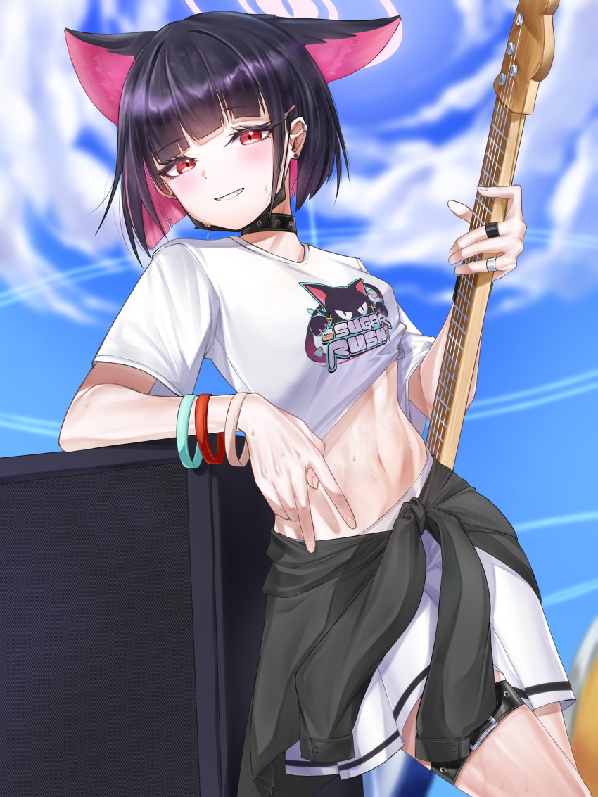 1girl, :d, absurdres, animal_ears, bass_guitar, belt, black_choker, black_hair