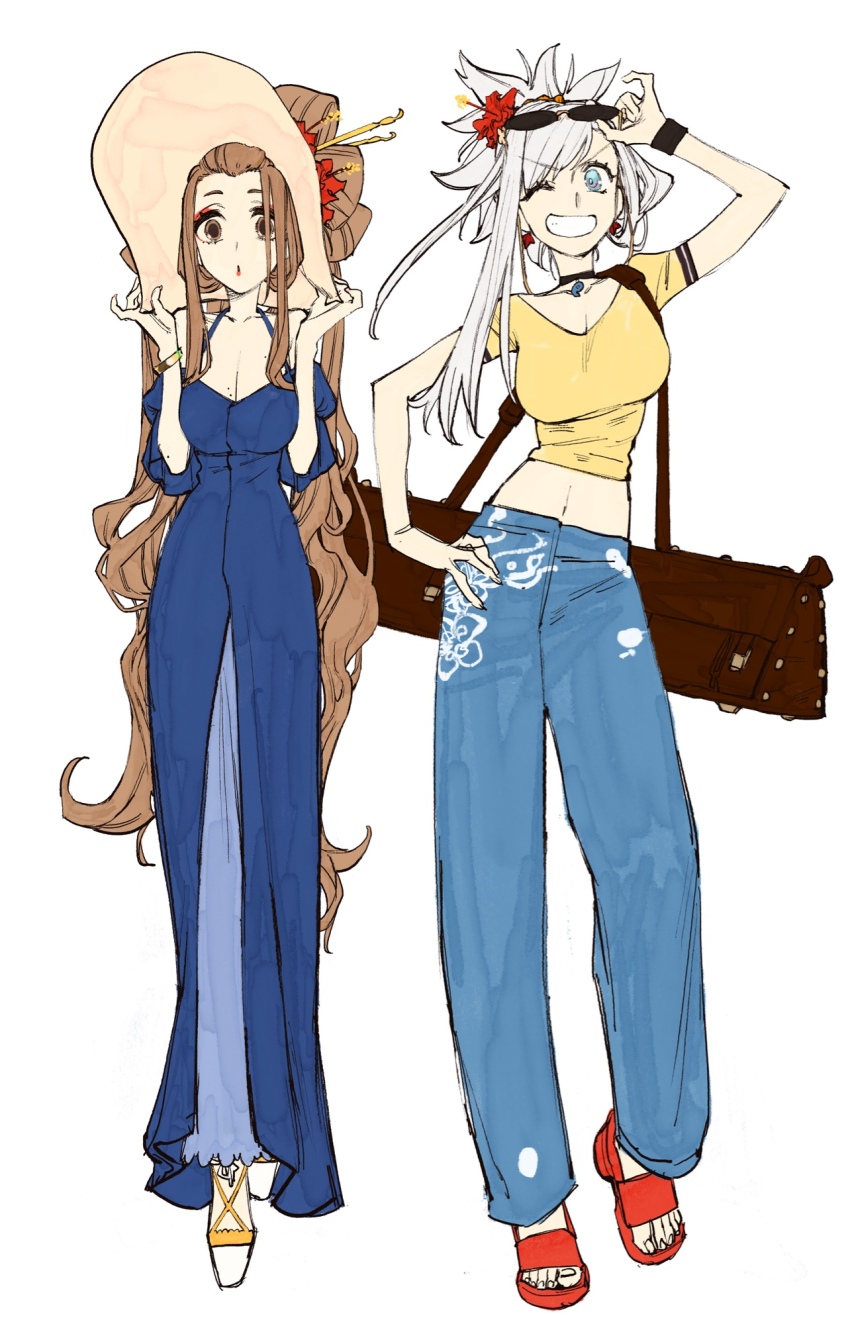 2girls, :o, adjusting_eyewear, alternate_costume, alternate_hairstyle, armband, asymmetrical_hair, bag