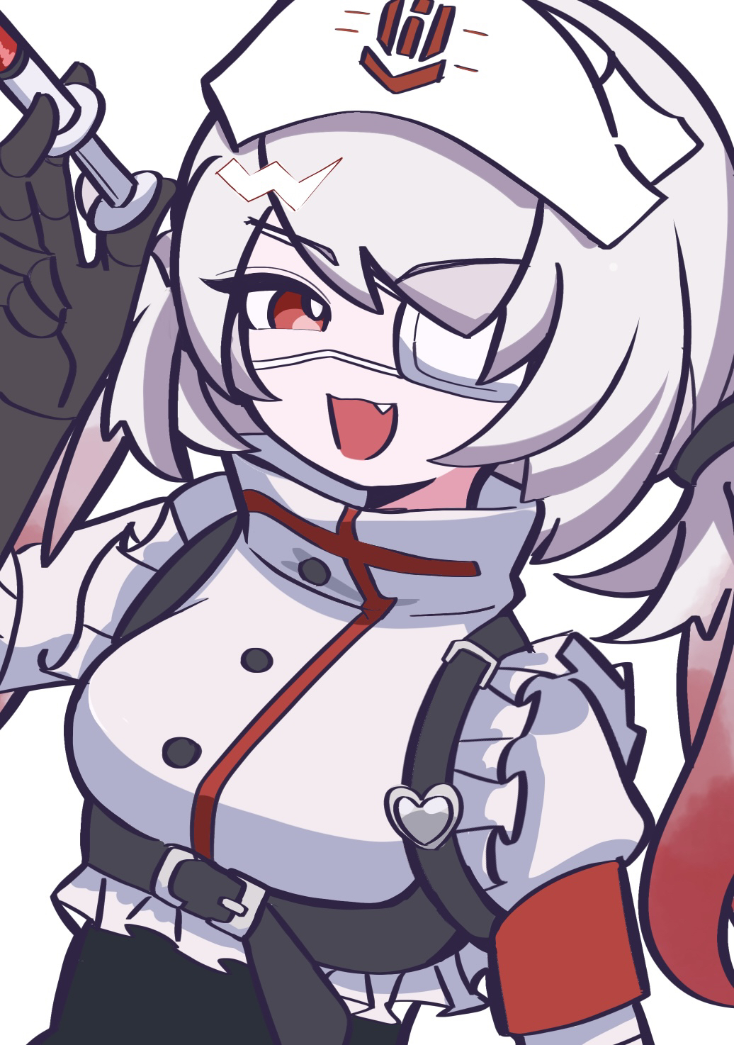 1girl, black_dress, dress, eyepatch, fang, gradient_hair, grey_hair, hat