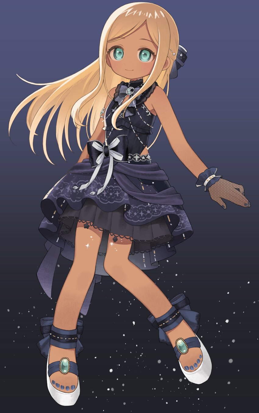 1girl, absurdres, aqua_eyes, bare_shoulders, black_dress, blonde_hair, dark-skinned_female, dark_skin, dokodemonai, dress, flat_chest, full_body, highres, idolmaster, idolmaster_cinderella_girls, layla_(idolmaster), long_hair, no_socks, smile, solo