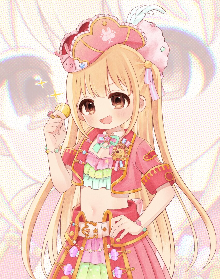 1girl, absurdres, blonde_hair, blush, brown_eyes, coin, crop_top, dokodemonai