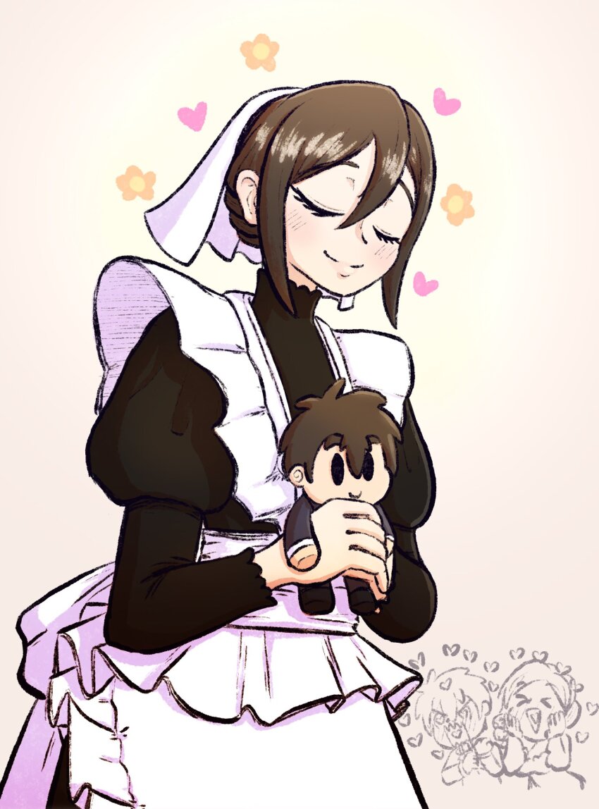 >_<, 1boy, 2girls, aijou_rentarou, apron, black_dress, braid, brown_hair, bun_with_braided_base, character_doll, chibi, chibi_inset, closed_eyes, doll, dress, felinusfenix, hair_bun, hanazono_hahari, hands_on_own_cheeks, hands_on_own_face, heart, heart_in_eye, heart_in_mouth, highres, holding, holding_doll, juliet_sleeves, kimi_no_koto_ga_dai_dai_dai_dai_daisuki_na_100-nin_no_kanojo, light_blush, long_sleeves, maid, maid_apron, maid_day, maid_headdress, meido_mei, multiple_girls, puffy_sleeves, symbol_in_eye