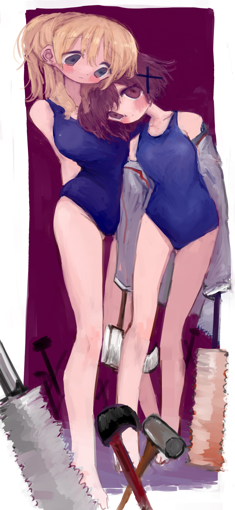 2girls, alternate_costume, arm_behind_back, barefoot, black_eyes, blonde_hair, blue_one-piece_swimsuit, blush
