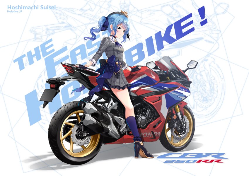 1girl, absurdres, ankle_boots, ascot, belt, beret, black_boots, black_gloves, blue_ascot, blue_belt, blue_bow, blue_choker, blue_eyes, blue_hair, blue_ribbon, blue_socks, boots, bow, character_name, choker, closed_mouth, commentary_request, copyright_name, crossed_bangs, crown, floating_hair, frilled_skirt, frills, from_side, gloves, grey_hat, grey_jacket, grey_skirt, hat, high_heels, highres, hololive, honda, honda_cbr250rr, hoshimachi_suisei, hoshimachi_suisei_(1st_costume), jacket, kneehighs, long_hair, looking_at_viewer, mini_crown, motor_vehicle, motorcycle, on_motorcycle, partially_fingerless_gloves, plaid_clothes, plaid_hat, plaid_jacket, plaid_skirt, ribbon, shadow, side-view_mirror, side_ponytail, skirt, smile, socks, solo, star_(symbol), star_in_eye, symbol_in_eye, virtual_youtuber, waist_bow, yoyoko707
