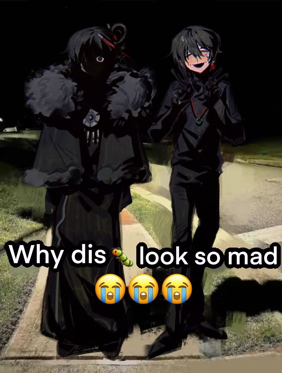 1boy, 1girl, black_capelet, black_coat, black_eyes, black_gloves, black_hair, black_pants