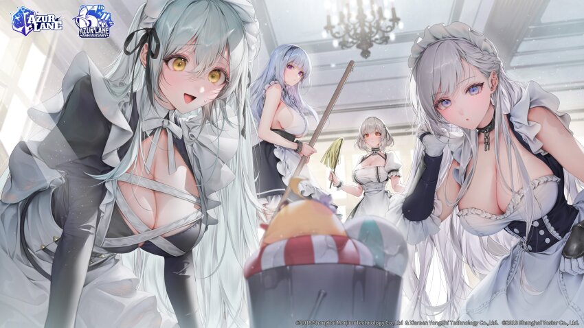 4girls, absurdres, apron, aqua_hair, azur_lane, baby_animal, belfast_(azur_lane), bird
